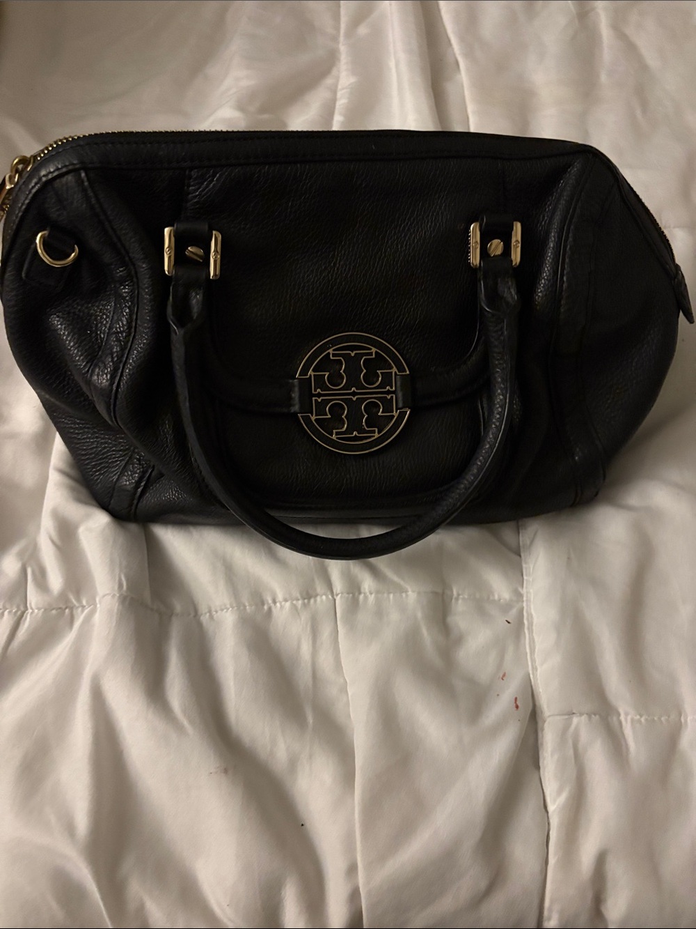 Tory Burch Black Leather Satchel with Gold-Tone Logo
